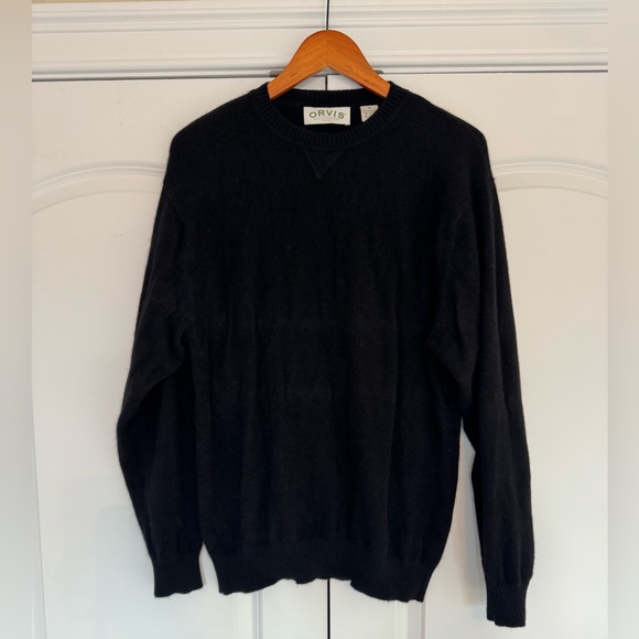 Orvis 100% Cashmere Crewneck Sweater Black Fuzzy Men's Medium Mohair